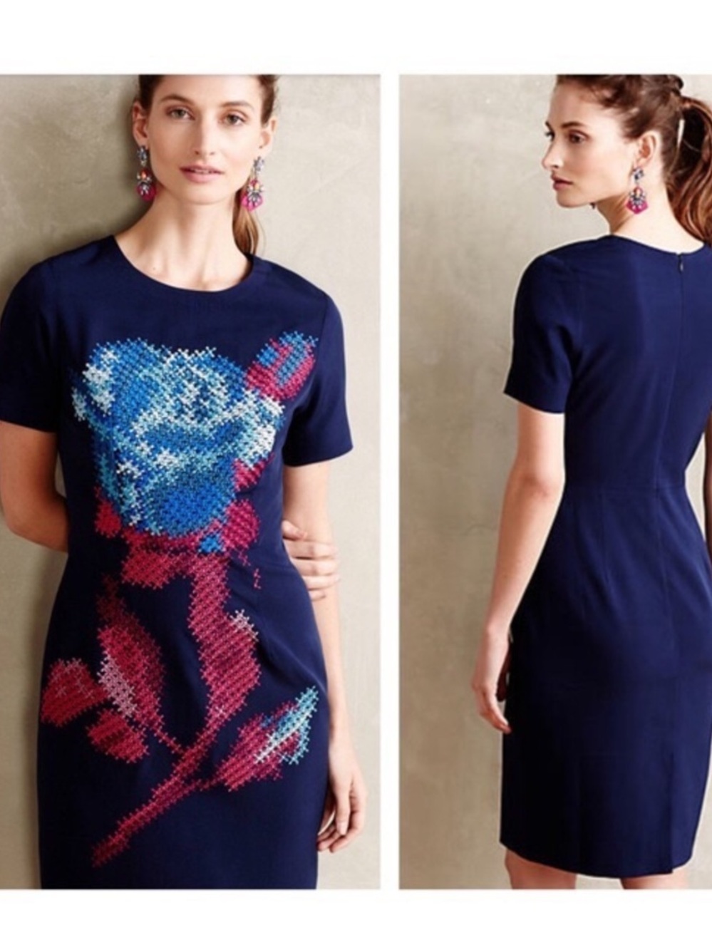 Anthropologie Pankaj & Nidhi Midnight Garden Pencil Dress in Navy Blue Sz 2